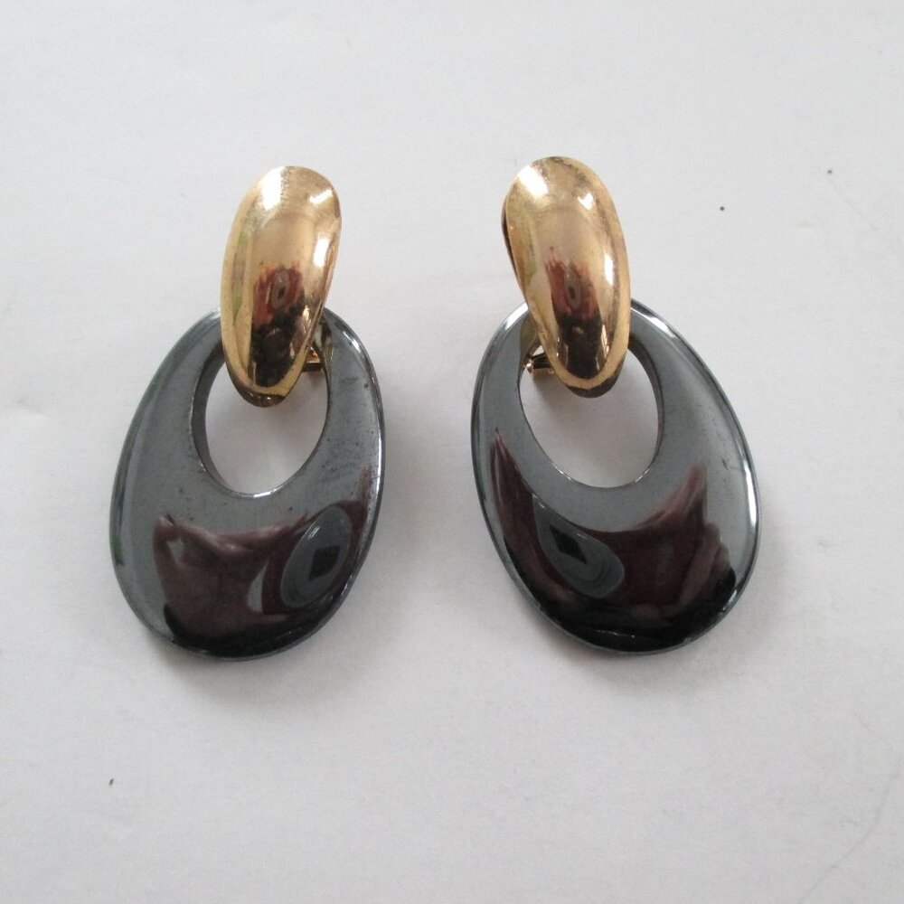 Hematite Door Knocker Earrings New Old Stock 1980s